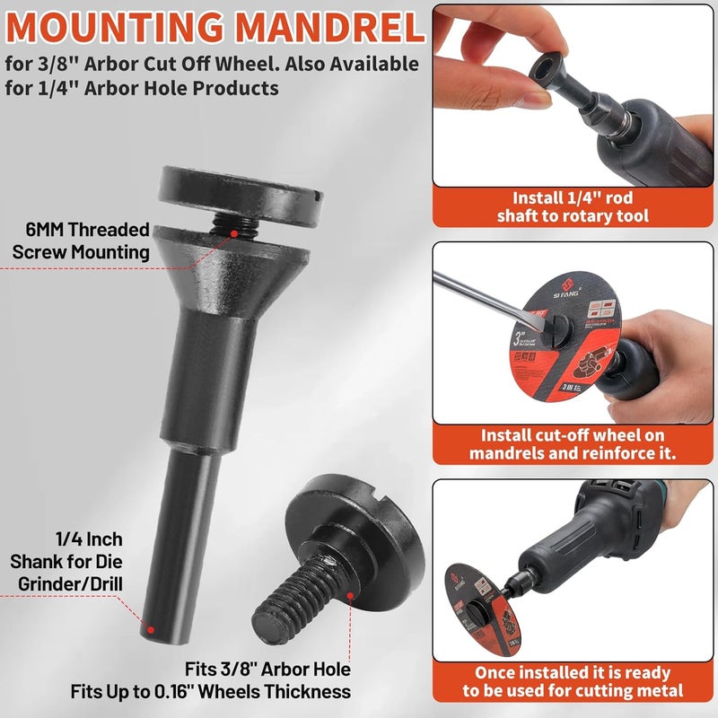 SI FANG 25Pcs 3 inch Cut Off Wheels with 1/4 in Mounting Mandrel Kit for Die Grinder, 3/8" Arbor Cutting Wheel with Pouch for Metal & Stainless Steel Rotary Tool Drill Attachment Cutter Discs - Image 3